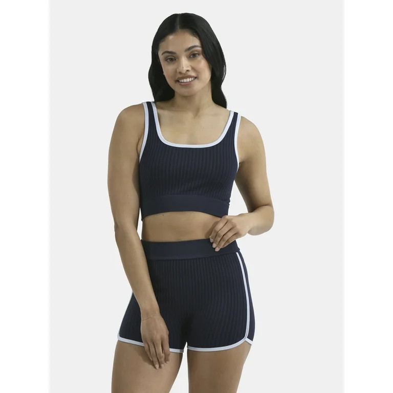 No Boundaries Seamless 2-Piece Cropped Tank Top and Dolphin Shorts with Contrast Binding, Women's | Walmart (US)