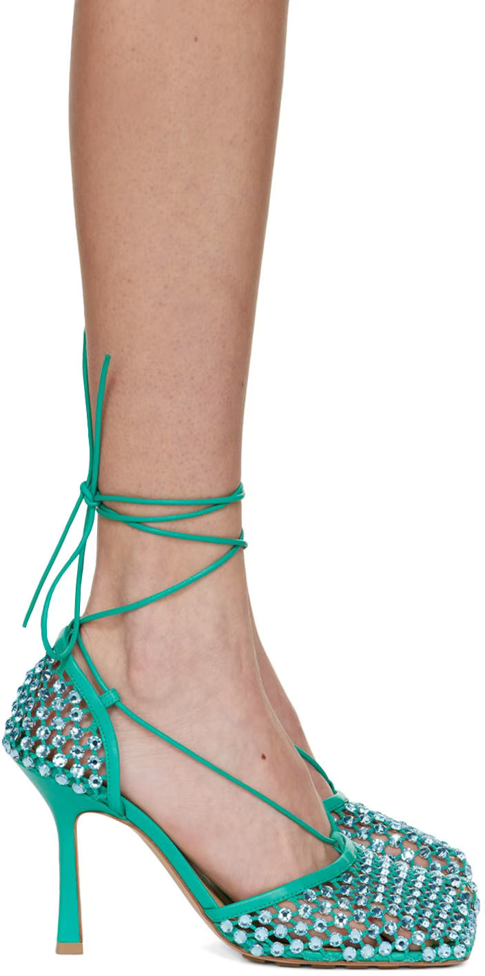 Bottega Veneta - Green Sparkle Stretch Web Heels | SSENSE