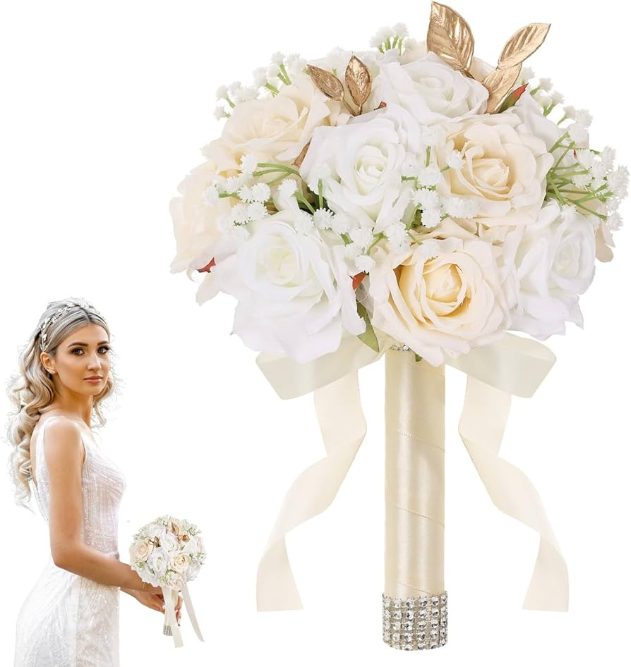 Wedding Bouquets for Bride - Realistic Silk Flowers Artificial Roses | Amazon (US)