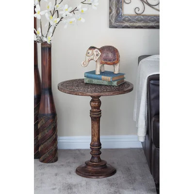 Anthea Mango Wood Handmade Intricately Carved Floral Side End Accent Table with Turned Base | Wayfair North America