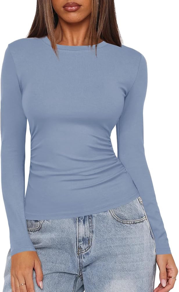 Darong Women's Long Sleeve Crew Neck Shirts Fall Basic Casual Ruched Side Slim Fit T Shirts Tee T... | Amazon (US)