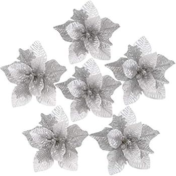 Sea Team 6-Pack Artificial Glitter Poinsettia Christmas Flower Ornaments Tree Decorations, 10-inc... | Amazon (US)
