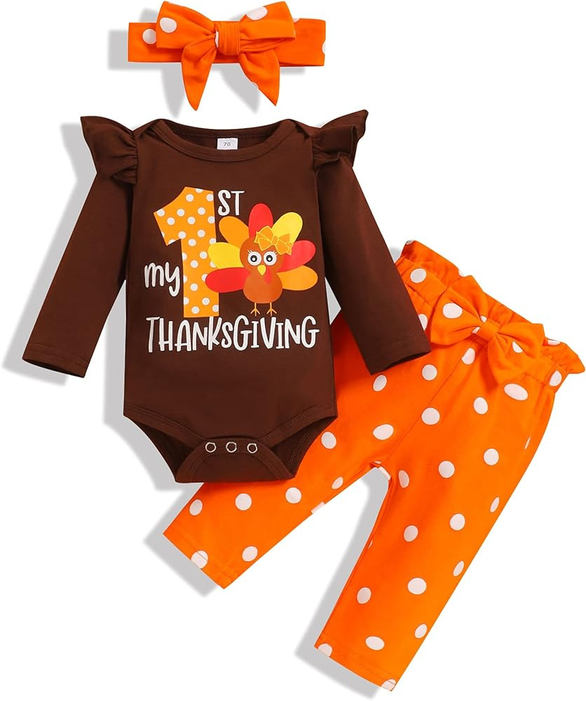 Thanksgiving Outfits Baby Girl My First Thanksgiving Romper+Polka Dot Pant+Headband Baby Girl Thanks | Amazon (US)