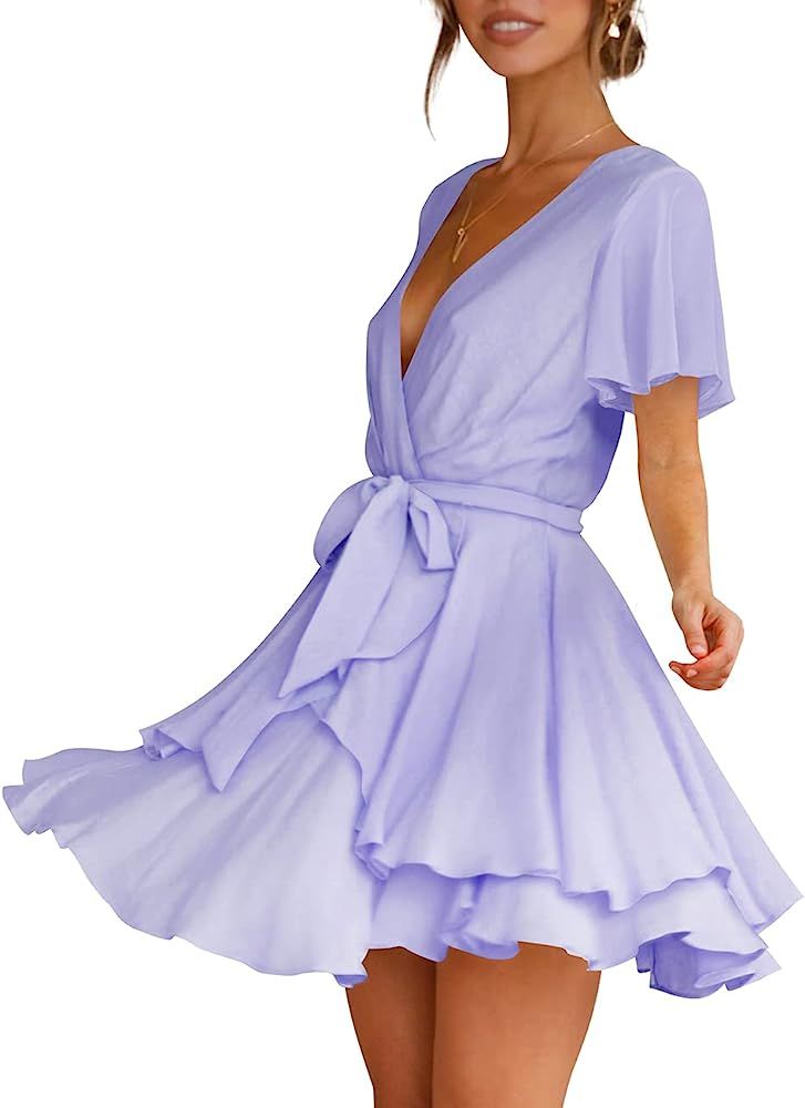 Cosonsen Women's Dress Deep V-Neck Long Sleeve Waist Tie Ruffle Mini Swing Skater Dresses | Amazon (US)