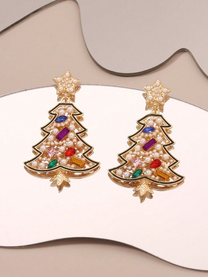 1 pair of festive style imitation pearl rhinestone Christmas tree creative fashion earrings | SHEIN