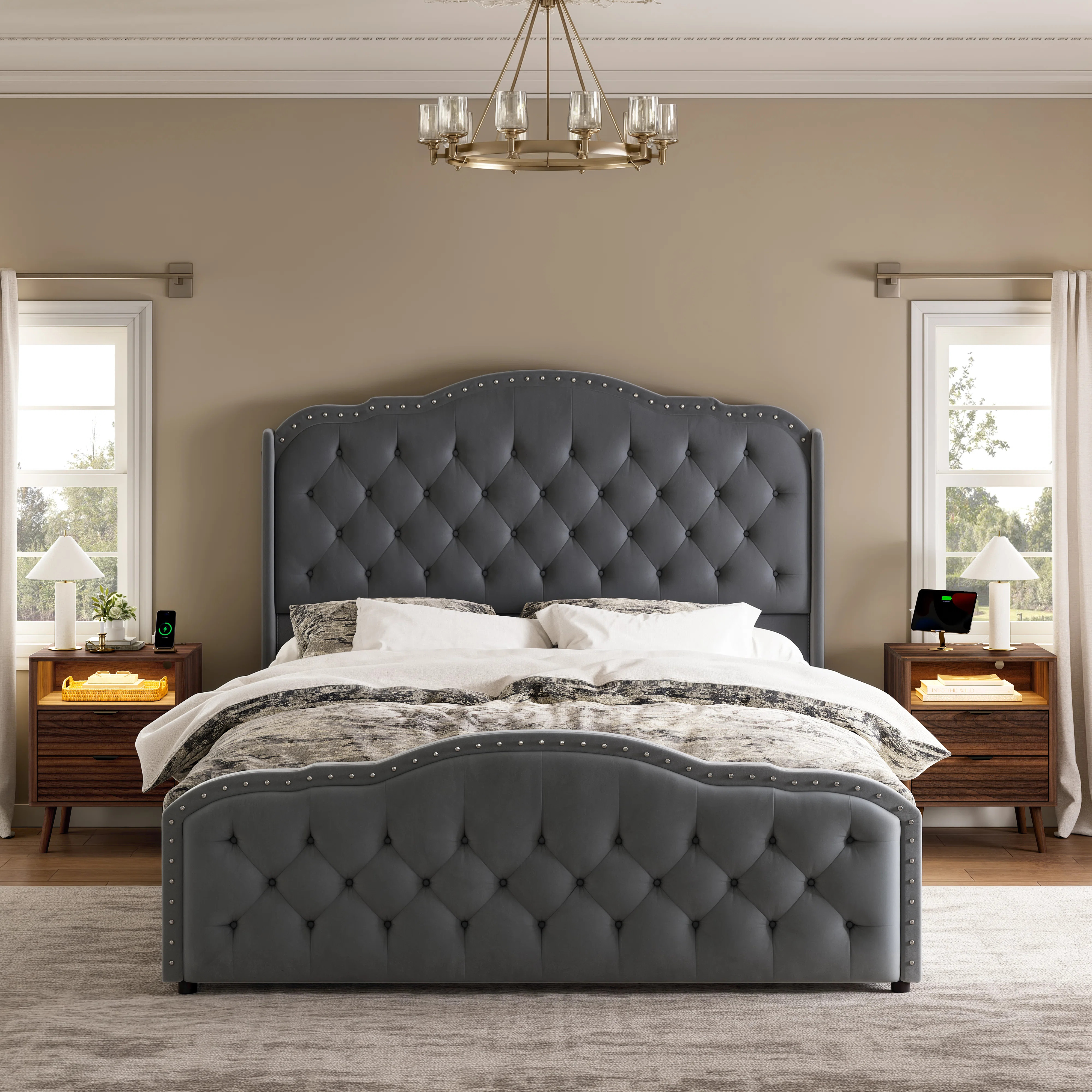 Larimore 3 Piece Bedroom Sets, Upholstered Bed With 4 Drawers& 2 Wave Nightstand | Wayfair North America