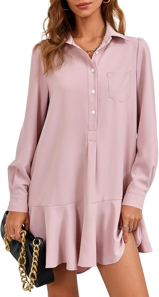 Fisoew Womens Casual Button Down Shirt Dress Long Sleeve Collared Pleated Swing Mini Dresses | Amazon (US)