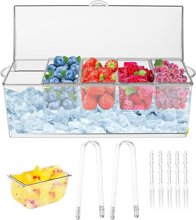 Ice Chilled Condiment Server with 5 Removable Compartments Appetizer Serving Tray Ice Party Platt... | Amazon (US)