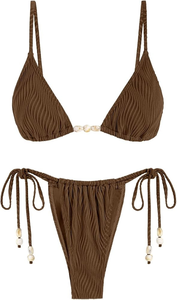 seamoly Women's Bikini Sets Ribbed Beaded Adjustable Spaghetti Strap Swimsuit Tie Side Thong Sexy... | Amazon (US)