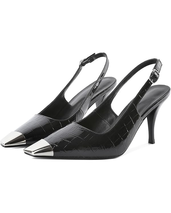 YODEKS Women's Slingback Heels Silver Cap Toe Heels High Heel Pumps 3.5 Inch Two Toned Shoes US S... | Amazon (US)