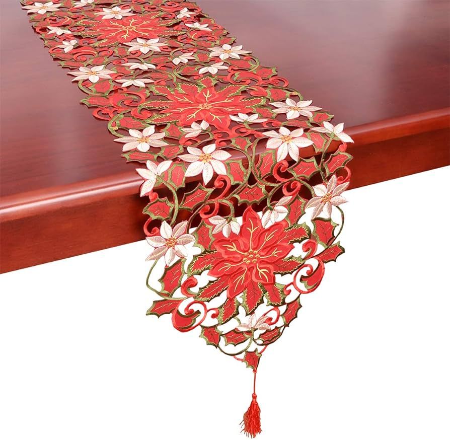 Simhomsen Large Embroidered Christmas Holiday Poinsettia Table Runners 13 × 108 Inch | Amazon (US)