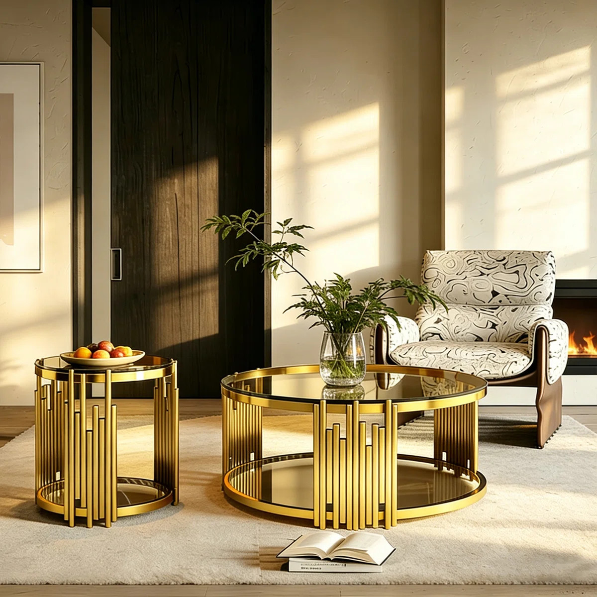 Redray Contemporary Double-Layer Smoked Glass Nesting Coffee Table Set with Gold Stainless Steel ... | Wayfair North America