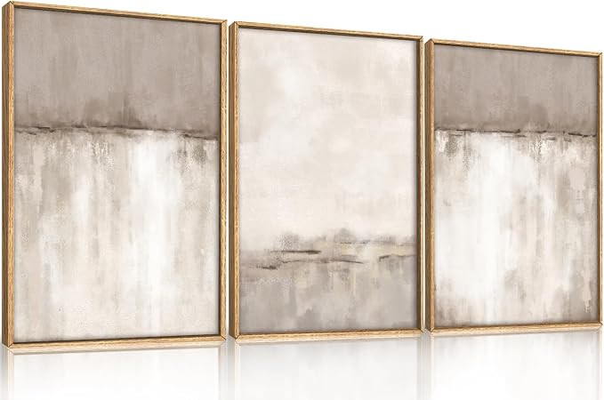 KAIRNE Large Neutral Gray Framed Canvas Wall Art Set, Abstract Duotone Gray Tan Wall Decor, Neutr... | Amazon (US)