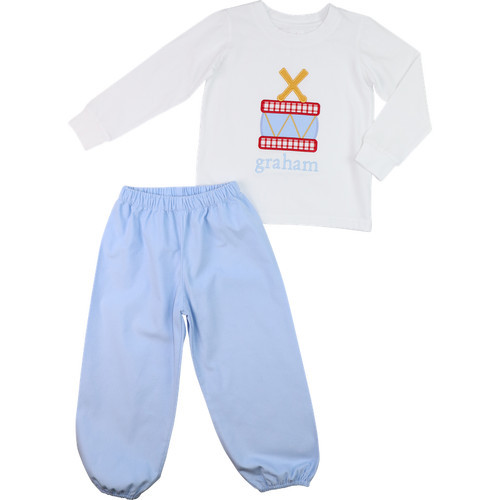 Blue Corduroy Applique Drummer Boy Ankle Pant Set | Cecil and Lou