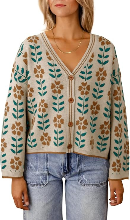 Saodimallsu Womens Floral Print V Neck Cardigan Open Front Button Down Knit Sweater Long Sleeve L... | Amazon (US)