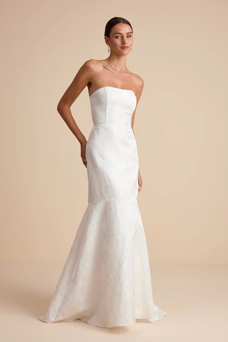 Cagney White Floral Jacquard Strapless Trumpet Maxi Dress | Lulus