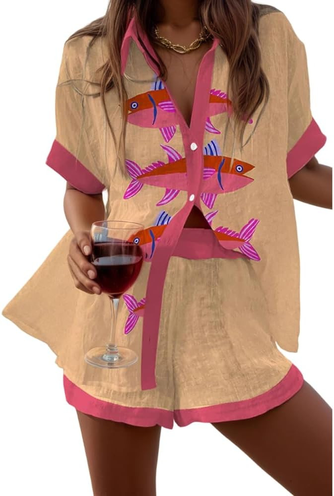 Women's Vacation Beach Two Piece Outfits Casual Floral Button Down Shirt Tops and Drawstring Shor... | Amazon (US)