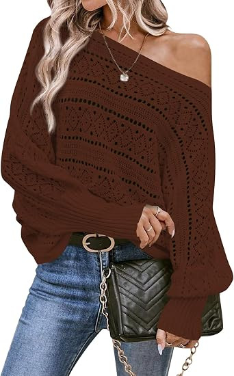 Cakulo Womens Off Shoulder Oversized Pullover Knit Sweater | 2 Way Wear Boat Neck, Batwing Long S... | Amazon (US)