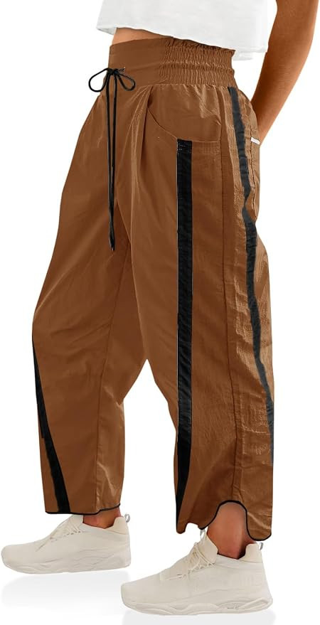 Womens Pants Baggy Wide Leg Casual Workout Elastic Waisted Stripes Track Pockets Y2K Barrel Trend... | Amazon (US)