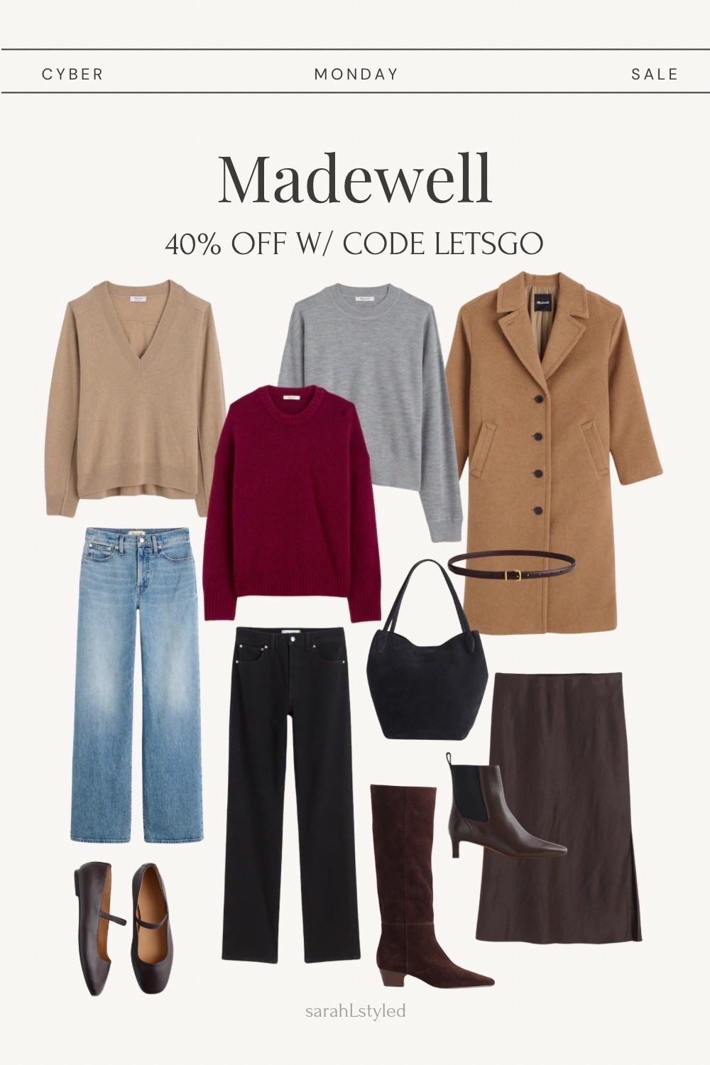 Madewell Cyber Monday sale — 40% off sitewide with code LETSGO 

Camel long coat, neutral sweaters, brown midi satin skirt, suede boots, leather ankle boots, burgundy sweater, suede handbag, neutral fashion finds on sale, capsule wardrobe essentials

#LTKCyberWeek #LTKSaleAlert #LTKSeasonal