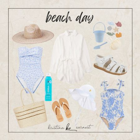 Mommy + Me beach day! Toddler swimsuit, one piece, cover-up, sandals, sand toys, straw beach tote, beach hat, and our favorite sunscreen ✨ 

#LTKunder100 #LTKswim #LTKtravel