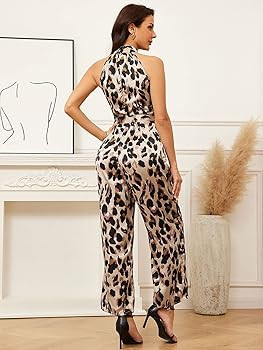 WDIRARA Women's Sleeveless Leopard Print Halter Belted Flare Pants Jumpsuit Romper | Amazon (US)