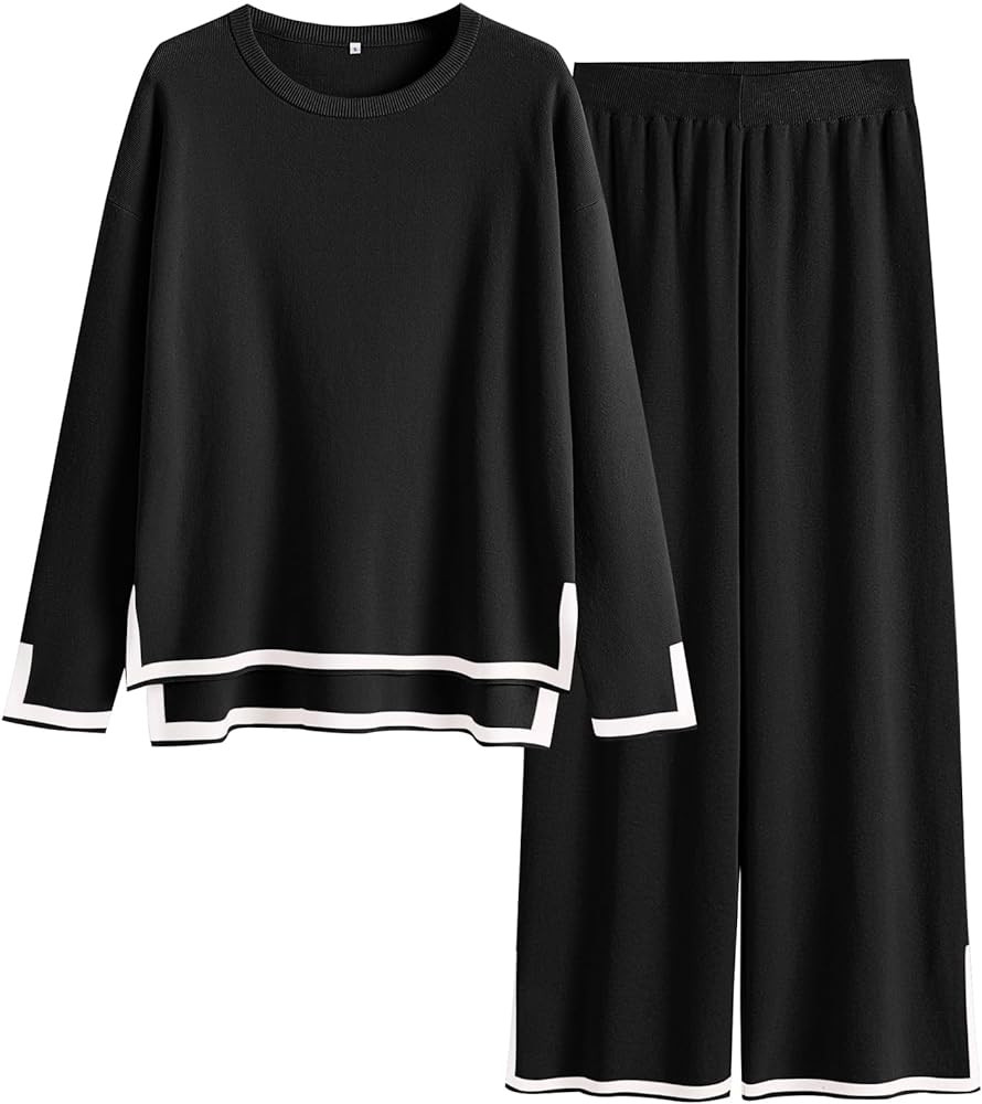 ANRABESS Women's 2 Piece Outfits Long Sleeve Knit Sweater Top Wide Leg Pants Casual Lounge Sets Trav | Amazon (US)
