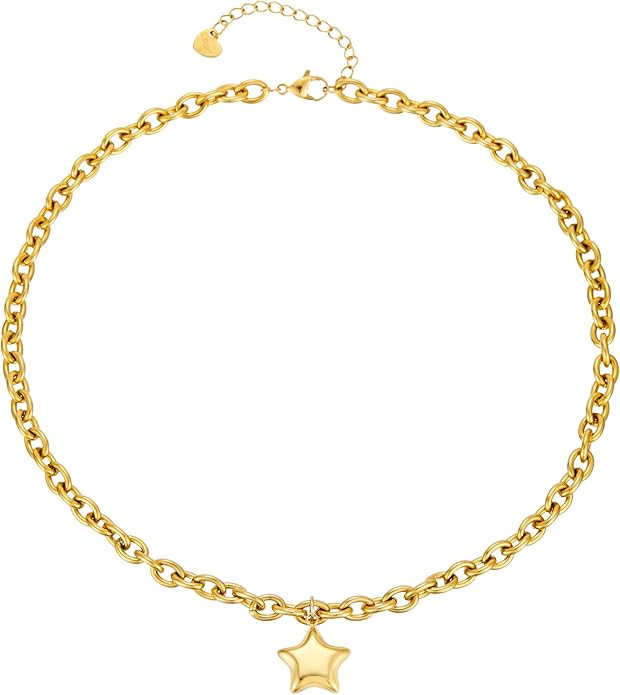 Chunky Necklace 18K Gold Plated Non Tarnish Trendy Stainless Steel Statement Necklace Waterproof ... | Amazon (US)