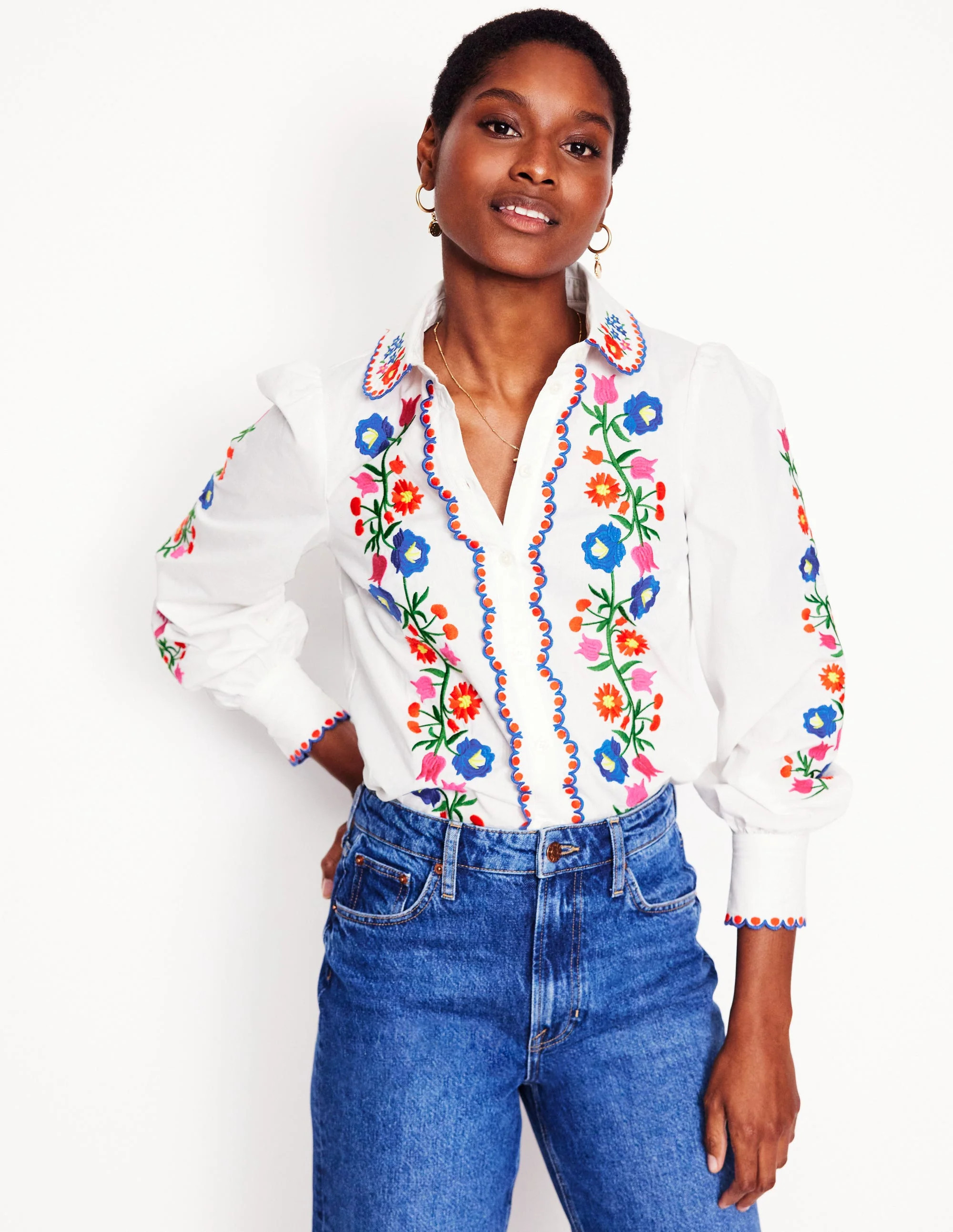 Embroidered Cotton Shirt-White, Floral Embroidery | Boden (US)