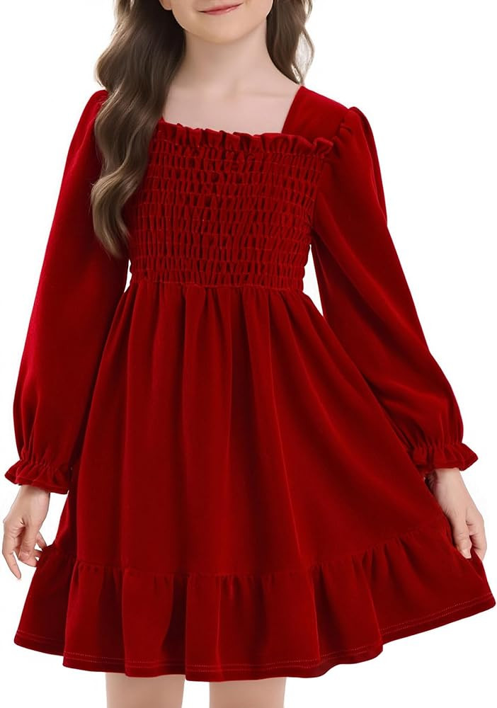 Girls Long Sleeve Dress Velvet Square Neck Midi Fall Winter Long Sleeve Vintage Plain Dress 4-12Y | Amazon (US)