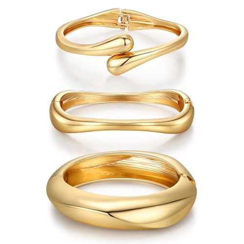 3Pcs Chunky Gold Bangle Bracelets for Women Trendy 14K Gold Plated Cuff Bracelets Stack, Dainty Gold Bracelet Sets Non Tarnish Fashion Jewelry Gift | Amazon (US)