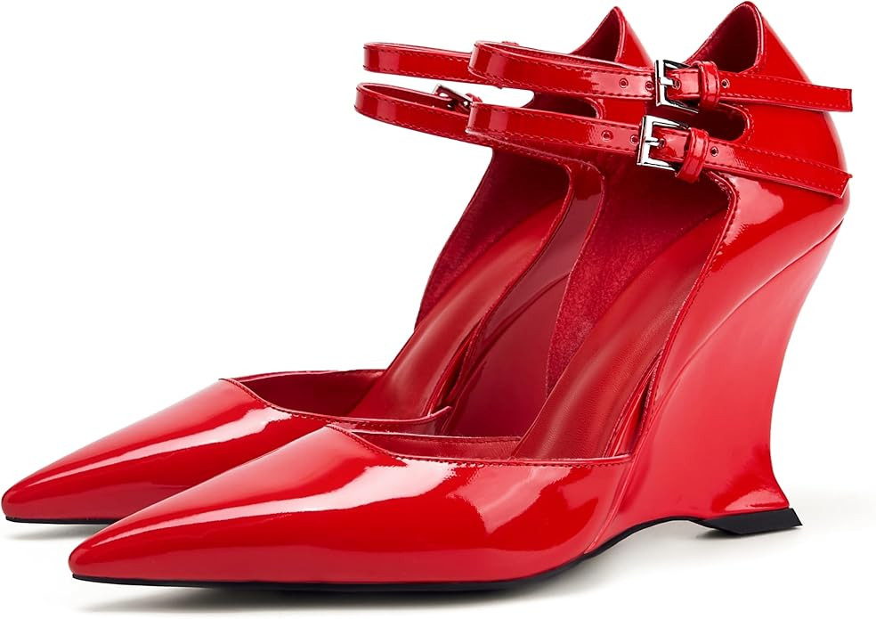 Patent Leather Ankle Strap Pumps Closed Pointed Toe Wedge High Heels Sandals for Women,Women's Bu... | Amazon (US)
