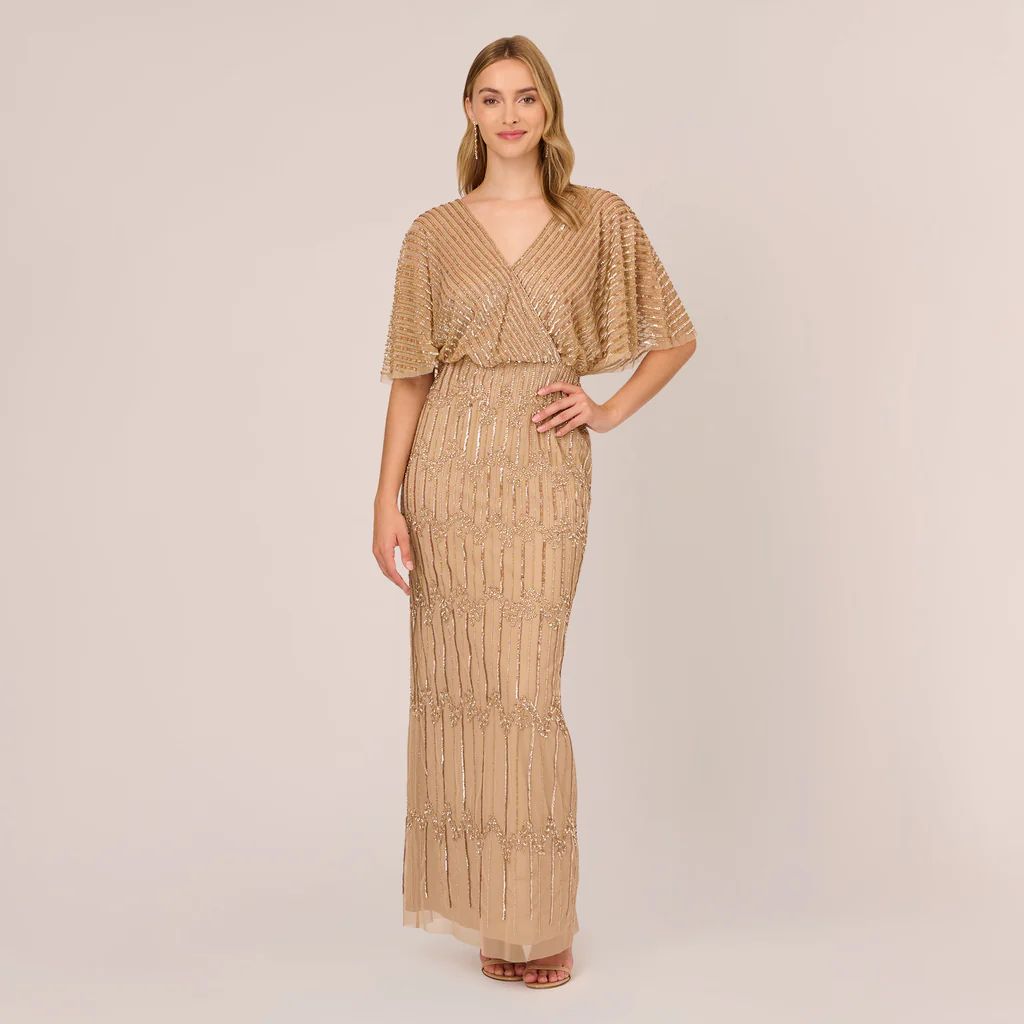 Hand-Beaded Illusion Long Column Blouson Gown In Champagne Gold | Adrianna Papell