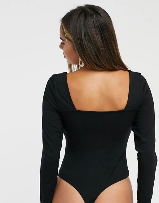 ASOS DESIGN Hourglass long sleeve bodysuit with square front and back in black | ASOS (Global)