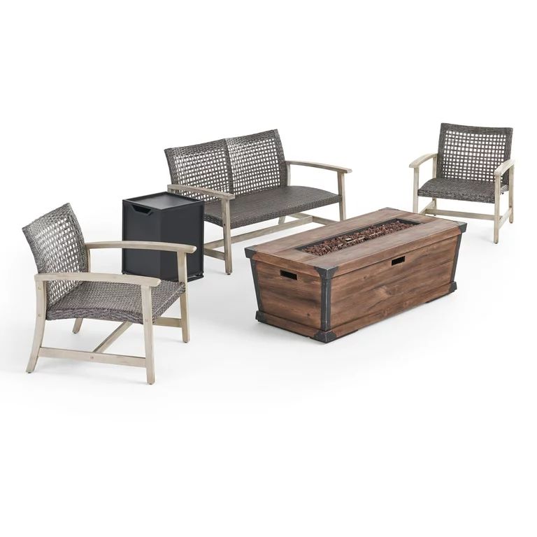 Mike Outdoor 3 Piece Wood and Wicker Chat Set with Fire Pit, Light Gray with Mixed Black and Brow... | Walmart (US)