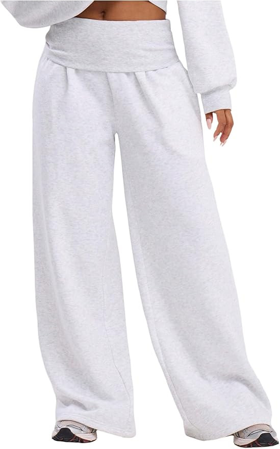 Verdusa Women's Fold Over Pants Fitness Clothing Wide Leg Trousers with Pockets | Amazon (US)