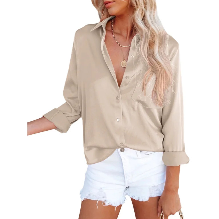 Kupretty Womens Elegant Button Down Satin Shirt Long Sleeve Office Work Blouse Top | Walmart (US)