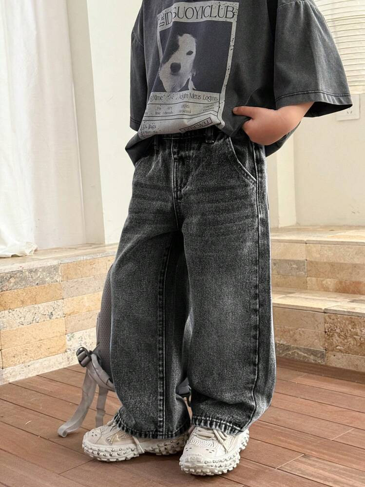 SHEIN Young Boy Fashionable Stone-Washed Casual Wide Leg Baggy Blue Denim Jeans, Kids Spring Summer Clothes Daily Wear , Baggy Jeans For Kids, Grey Baggy Jeans, Kids Wide Leg Jeans Fall Winter | SHEIN