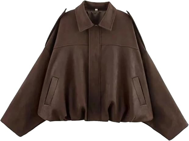 Womens Faux Suede Bomber Jacket Oversized Long Sleeve Cropped Coat | Amazon (US)