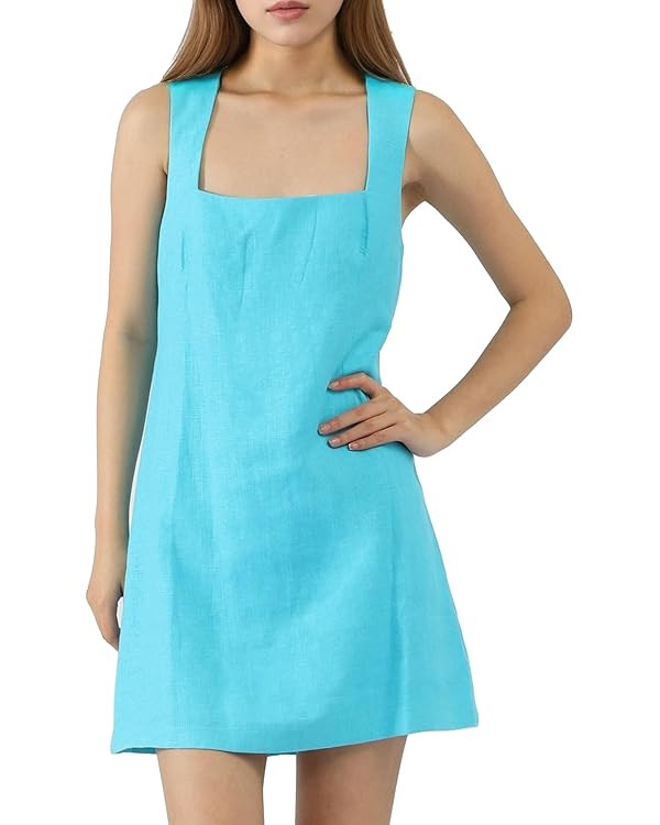Women 100% Linen Mini Dress with Sleeveless Square Neck Breathable Back Zipper A-Line Summer Dres... | Amazon (US)