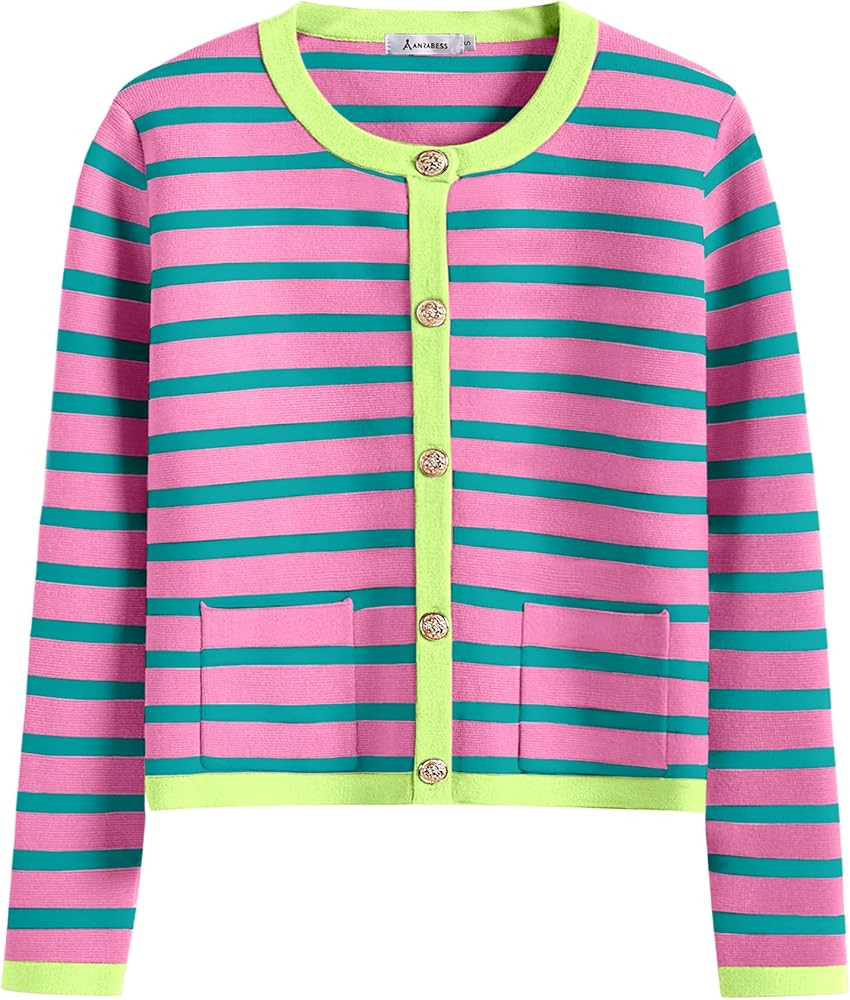 ANRABESS Women Striped Cardigan Sweaters Button Down Cropped Knit Lady Jackets Coat 2025 Fall Out... | Amazon (US)