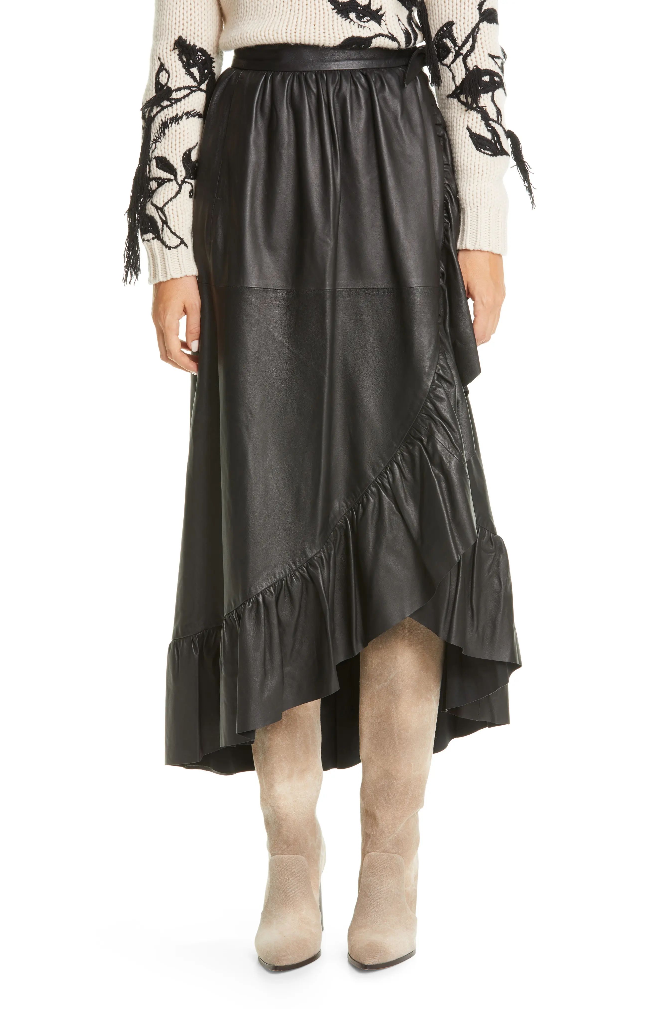 Women's Zimmermann Ladybeetle Leather Midi Wrap Skirt, Size 2 - Black | Nordstrom