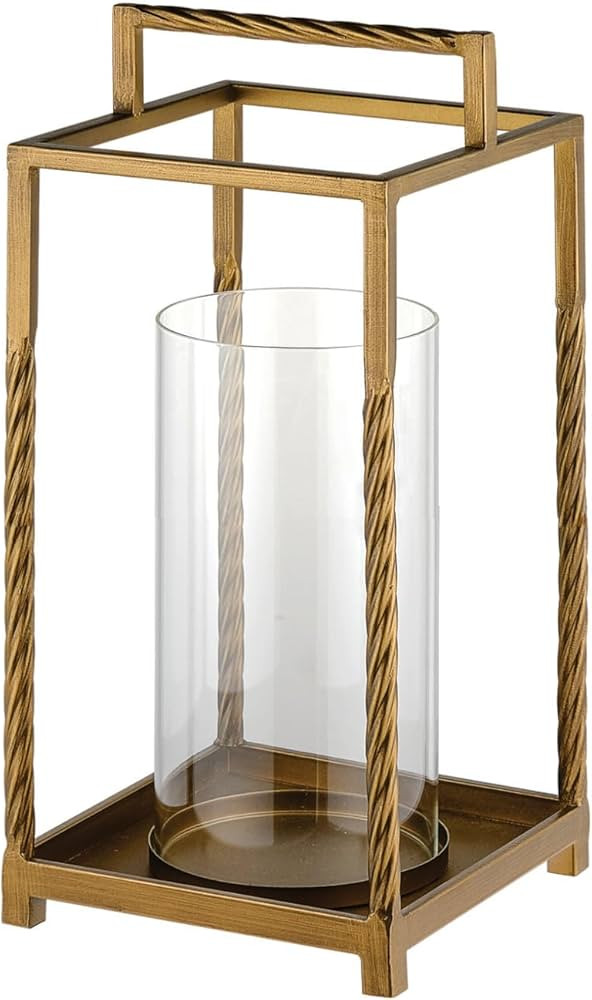 13" Modern Metal Lantern with Twisted Rope-style Frame In Antique Brass with Glass Hurricane For ... | Amazon (US)