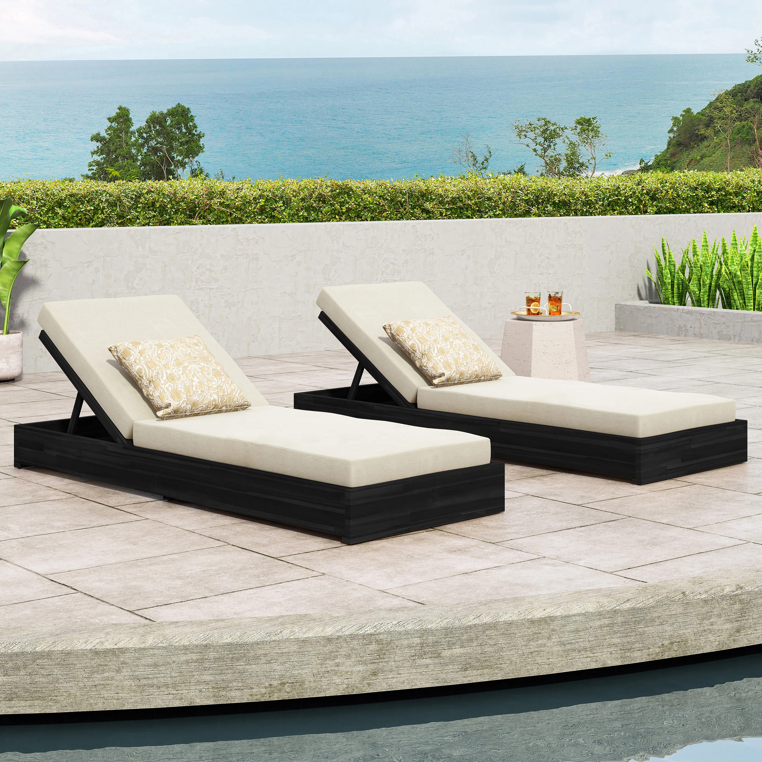 Leite Outdoor Acacia Wood Chaise Lounge Set , Cushion Included (Set of 2) | Wayfair North America