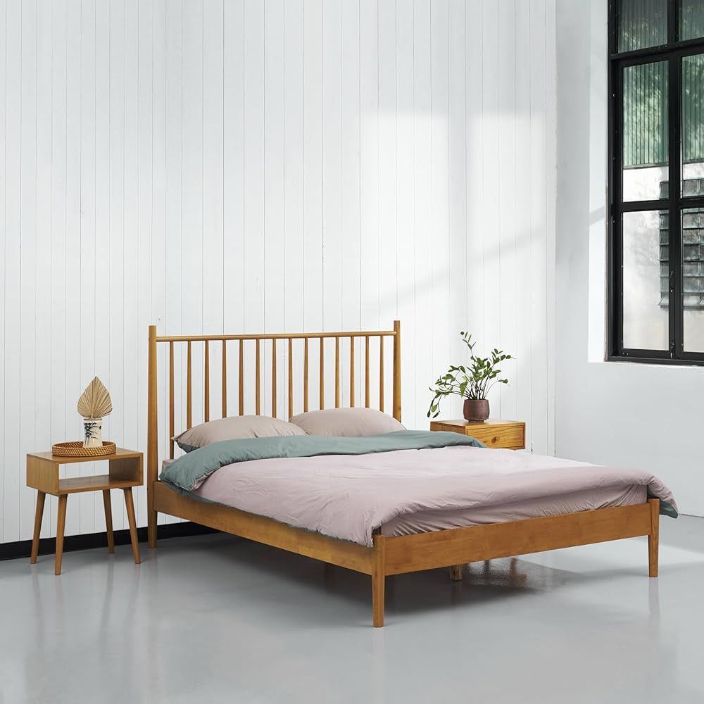 NTC Inno Wooden Bed Frame with Headboard, Solid Oak and Rubber Wood Foundation with Silent Slats ... | Amazon (US)