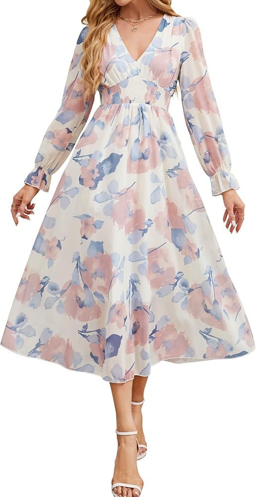 Women's 2025 Floral Spring Maxi Dress, Summer Long Sleeve V-Neck Empire Waist Dress, Flowy Weddin... | Amazon (US)