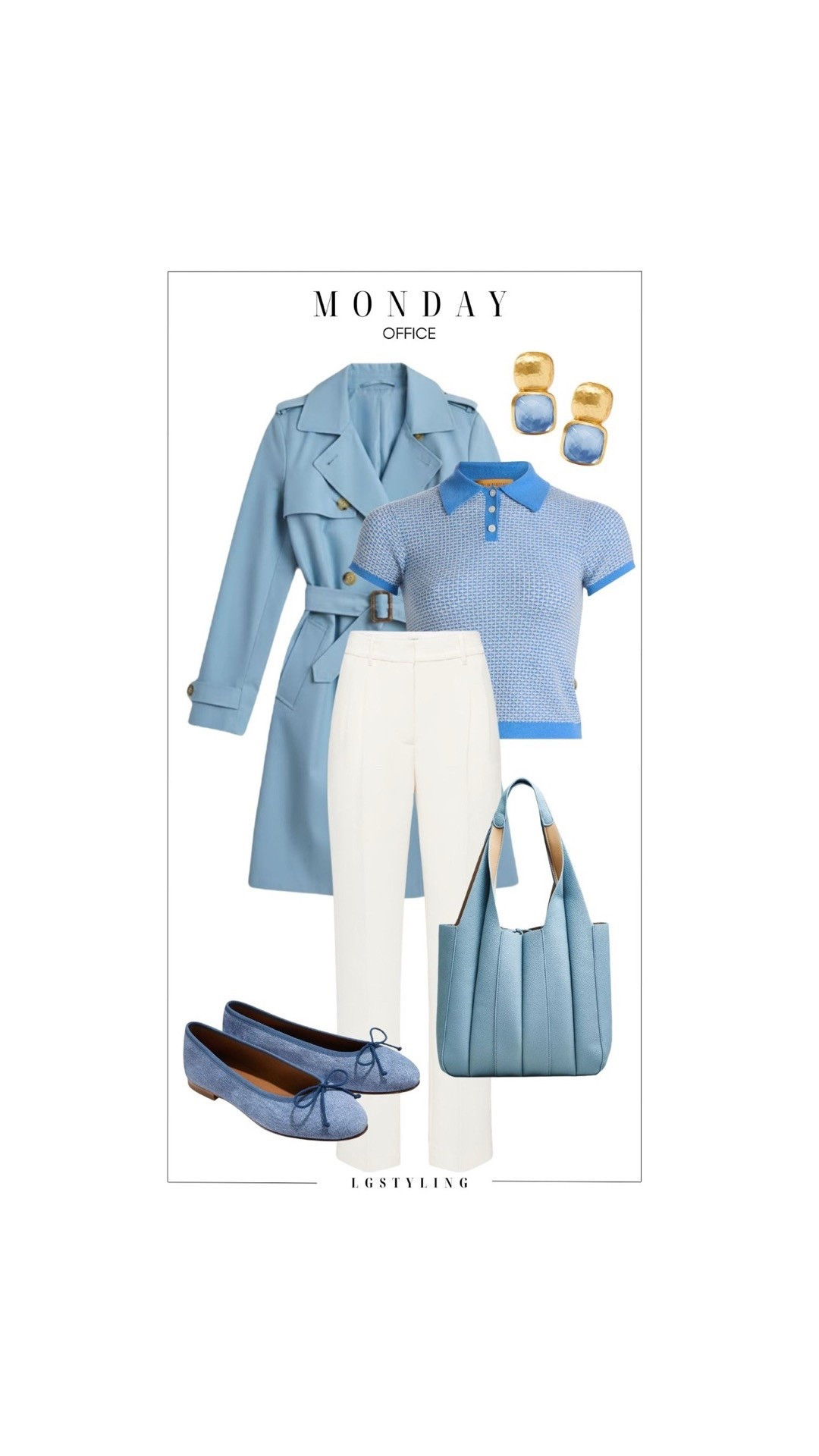  MONDAY – Office
Soft power dressing to start the week. A powder-blue palette keeps this office outfit polished but fresh for spring. The knit polo adds texture, the tailored ivory trousers keep the silhouette sharp, and the matching trench and ballet flats pull the look together in an effortless monochromatic moment. Finished with sculptural gold earrings and a structured tote for a modern workwear uniform.

Perfect for the office, client meetings, or a polished Monday reset.

#LTKWorkwear #LTKOfficeStyle #LTKSpringStyle #SpringWorkwear #OfficeOutfitIdeas #BlueOutfit #BalletFlats #ChicWorkStyle #ClassicStyle #LTKStyle

 

#LTKdayinmylife #LTKootd #LTKgrwm