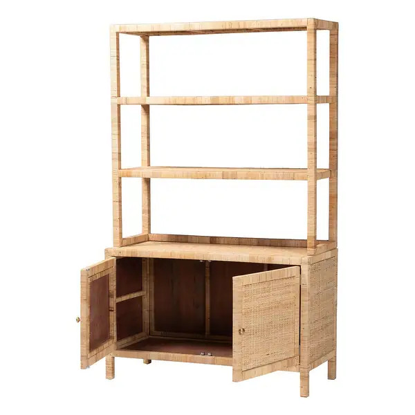Mortis Natural Rattan Open-Shelf Storage Cabinet - 4-Tier Display Shelf with Double Door Base, Co... | Bed Bath & Beyond