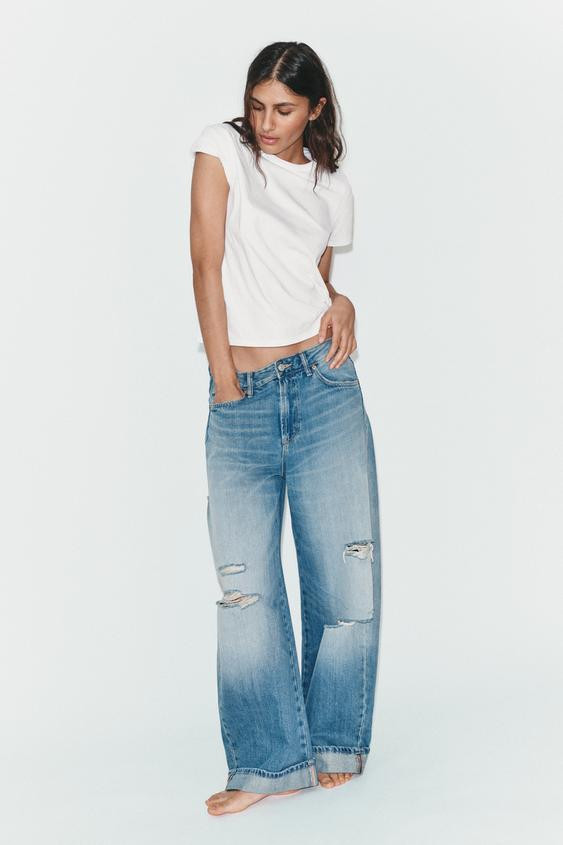 TRF BAGGY FOLDED RIPPED MID-RISE JEANS | Zara US