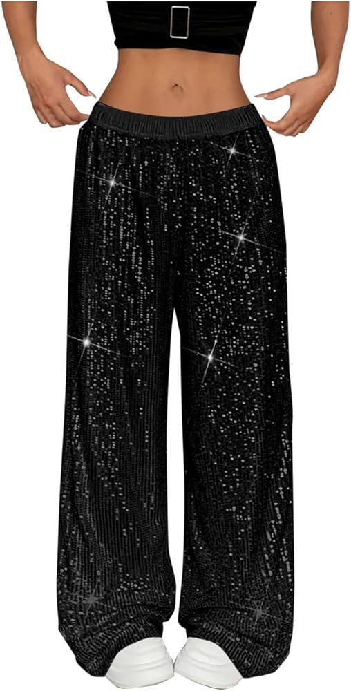 Sequin Pants Women Stretchy High Waist Wide Leg Sparkle Shiny Pant Casual Loose Glitter Trousers ... | Amazon (US)
